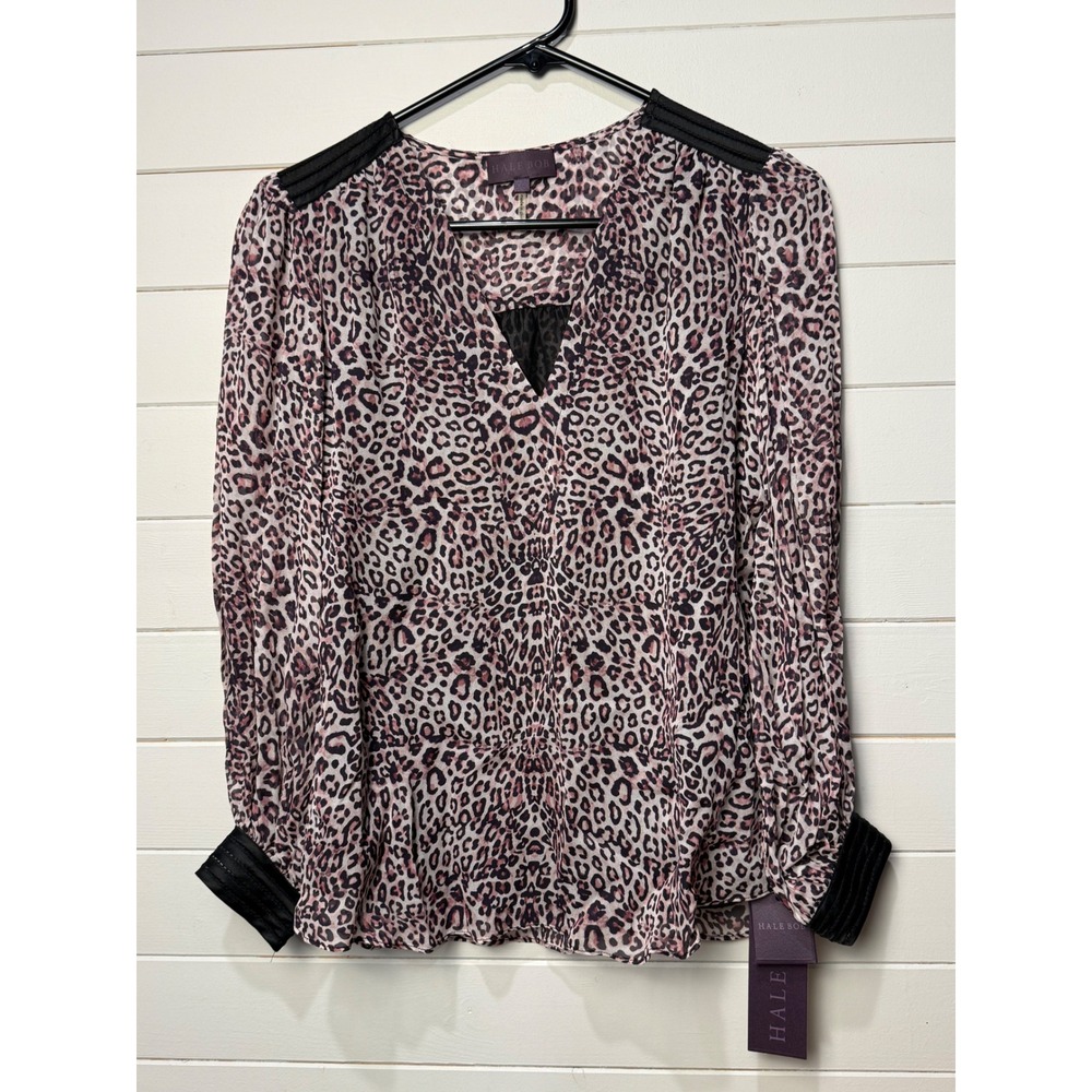 New! Hale Bob‎ XS Leopard Print Blouse Black Long Sleeve NWT Boho Flow